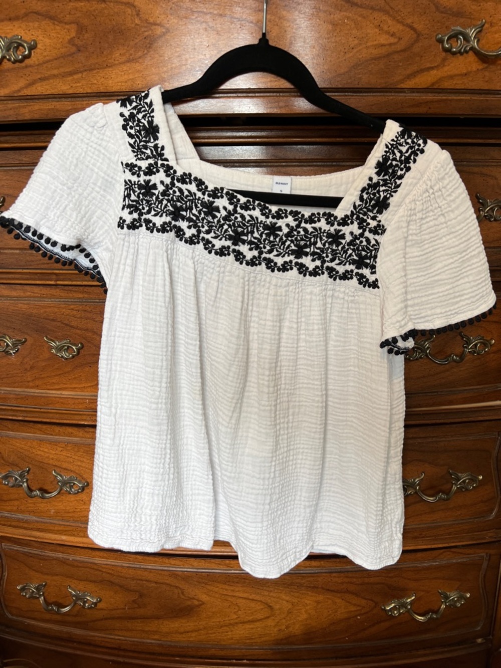 Old Navy White Square-Neck Blouse with Black Floral Embroidery